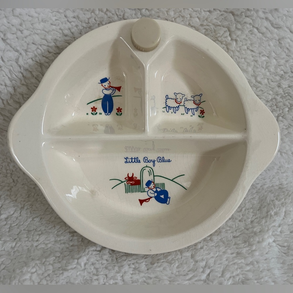 Excello, Vintage Porcelain Childs Warming Dish/Plate, Little Boy Blue,Feb 1951